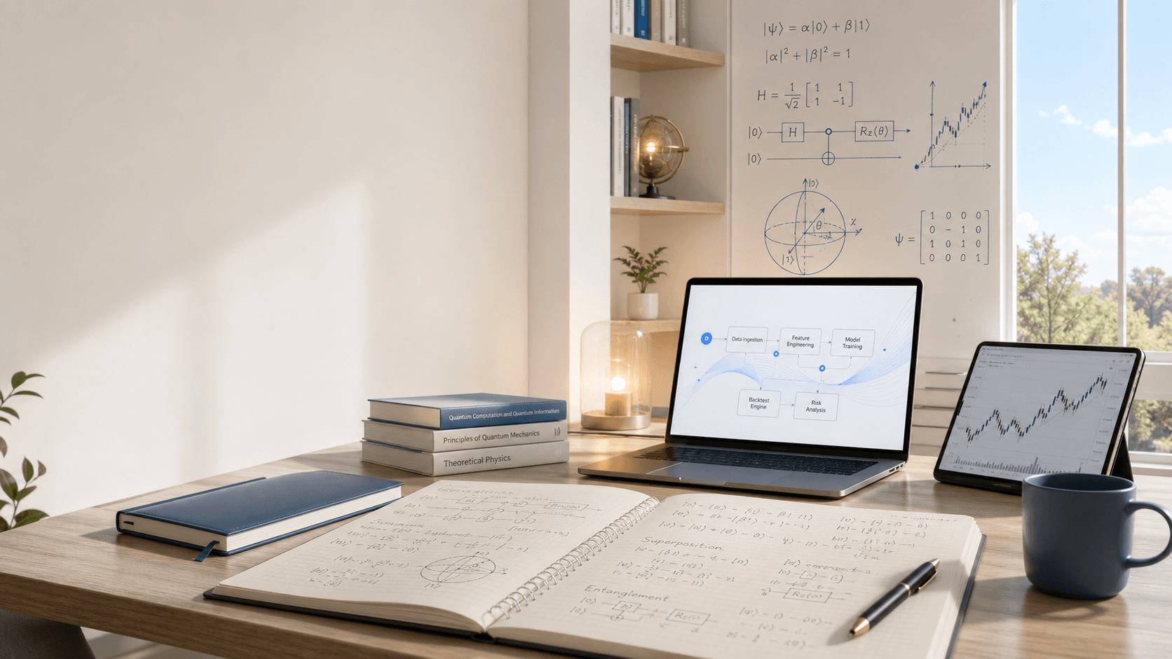 A bright research desk with notebooks, system sketches, AI workflow diagrams, and research dashboards.